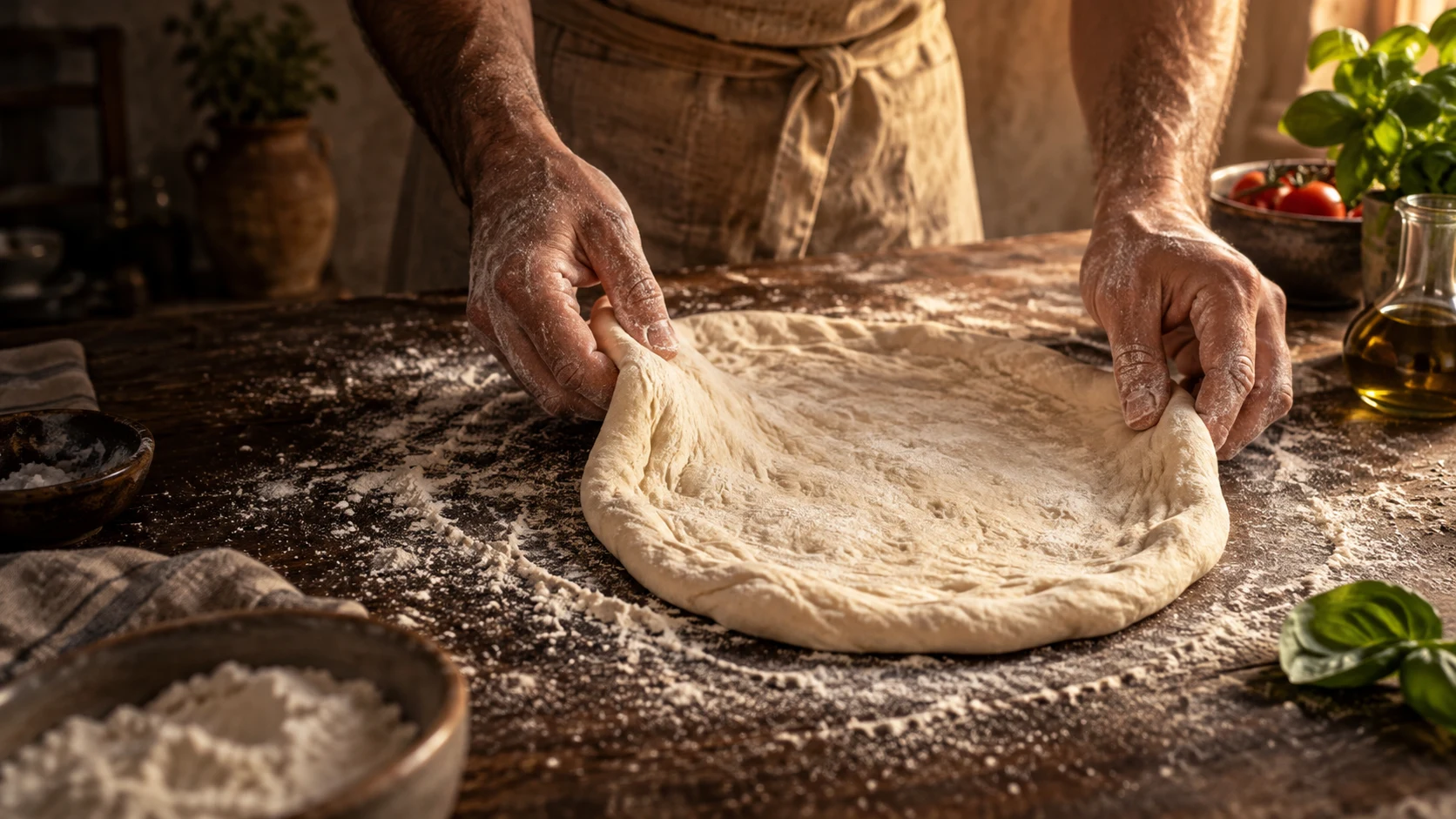 An artisan stretching pizza dough by hand