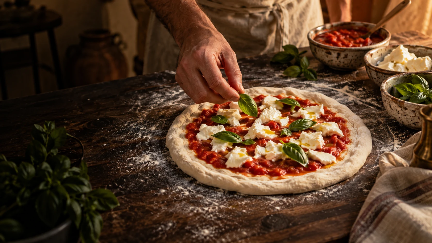 Fresh basil, tomato and mozzarella on a handmade pizza