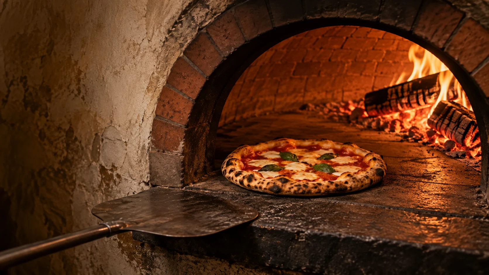 A pizza baking beside the embers of a wood-fired oven