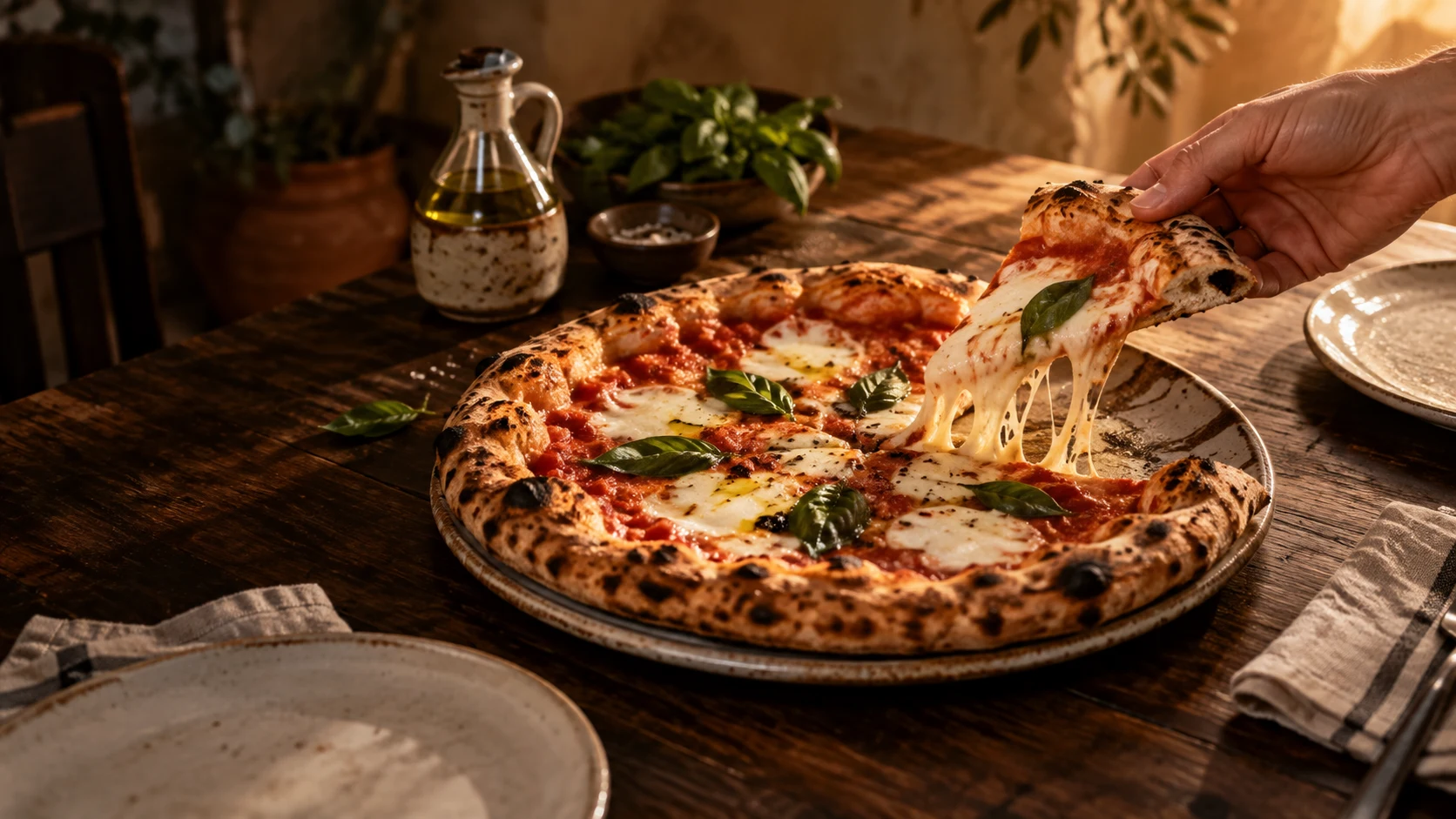 A freshly baked pizza ready to share at the table